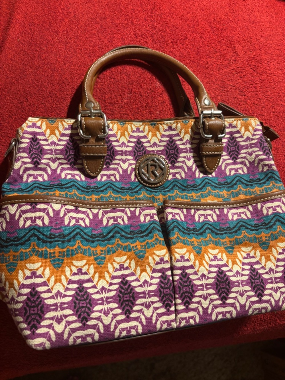Relic Boho Patterned Shoulder Bag with Brown Leather Trim - Purple/Orange/Teal.